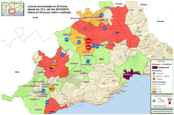 Lluvias acumuladas en 24 h desde la 12 h del día 20 de octubre de 2018 en la provincia de Málaga