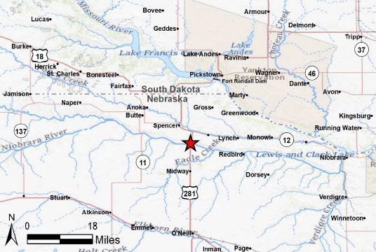 Localización de la presa Spencer en Nebraska, sobre el Río Niobrara, al sureste de la población de Spencer