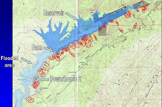 Embalse, área inundada aguas abajo y central hidroeléctrica número 2. En color rojo se representan los deslizamientos de ladera que se habían producido a lo largo del Cañón de San Francisquito
