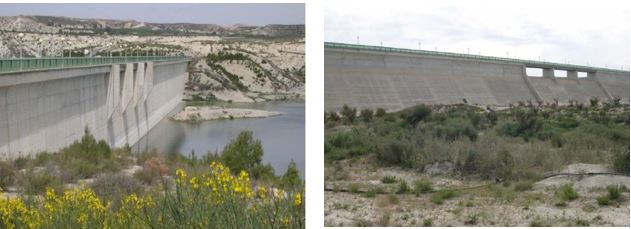 Vistas de la presa de la Rambla del Judío desde aguas arriba y desde aguas abajo